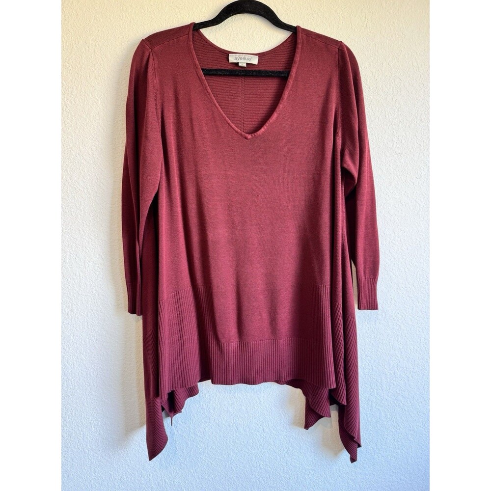 Avenue Women's Maroon V Neck Pullover Tunic Sweater Asymmetrical Long Sleeve 1X